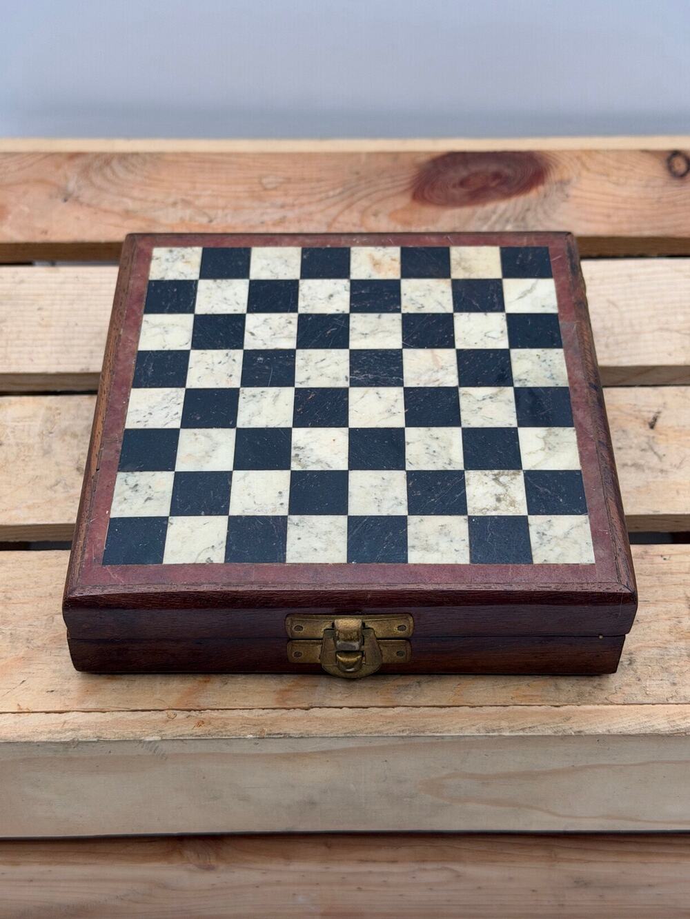 Vintage Mini Travel Chess Set with Inlaid Stone Board & Carved Pieces (5" x 5")